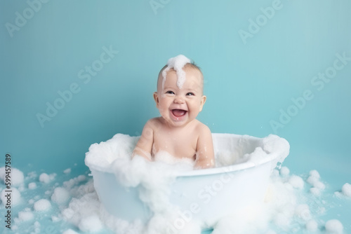 Billede på lærred Cute baby in bathtub , Generative ai