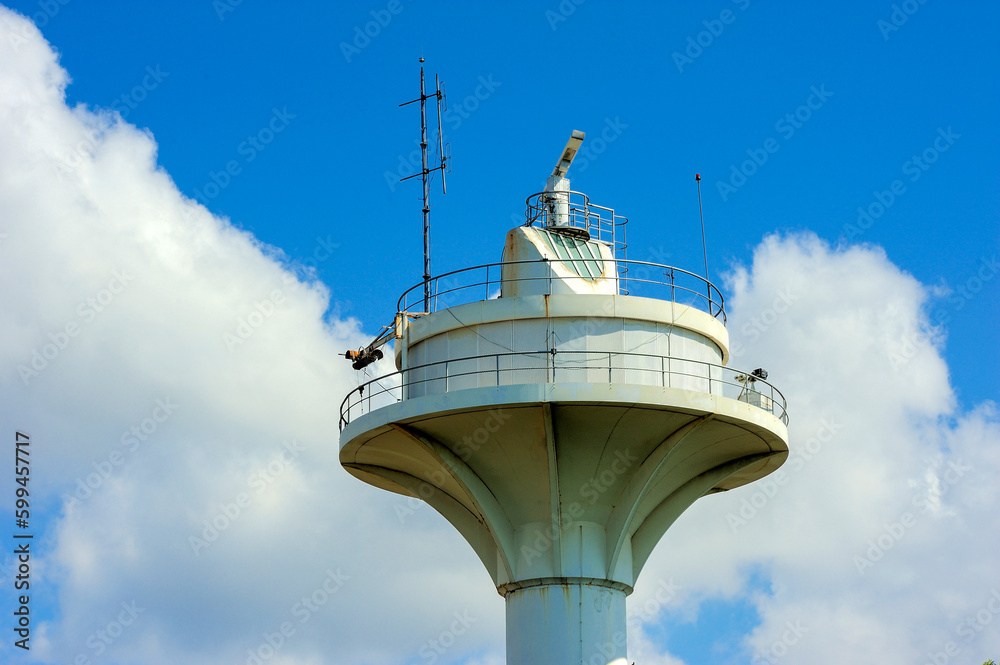 maritime traffic monitoring station on blue sky with white clouds background, Bosphours, Istanbul Turkey