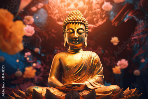 golden buddha statue with glowing chakra and beautiful fantasy vintage wallpaper  generative AI