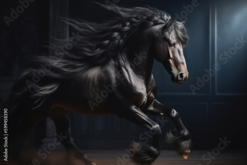 Majestic black horse with beautiful flowing mane photorealistic dynamic portrait. generative art © Cheport