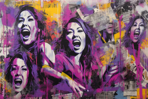 Close up on three women shouting, generative ai illustration