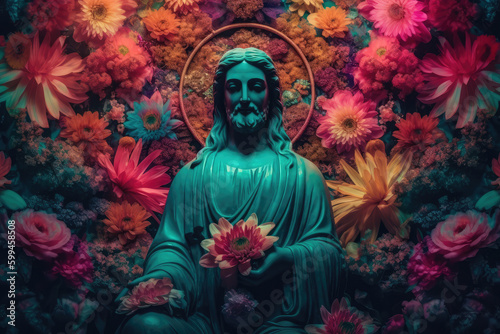 jesus christ statue with glowing halo chakra and beautiful fantasy vintage wallpaper , generative AI © Kien