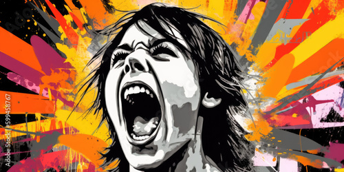 Close up on a woman shouting, generative ai illustration