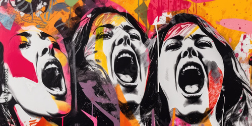 Close up on three women shouting, generative ai illustration