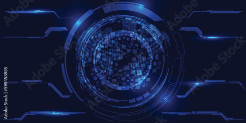 Vector illustrations of digital HUD and hi tech blue globe .Abstract digital hi tech perspective horizon layout screen for davertising or game artwork.Futuristic concept.