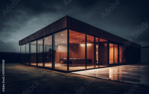House with glass walls at night created with Generative AI technology. Modern house design