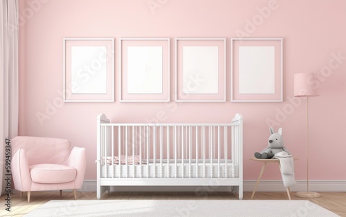 Pink nursery room with four blank frames mockup on the wall and with a white crib created with Generative AI technology