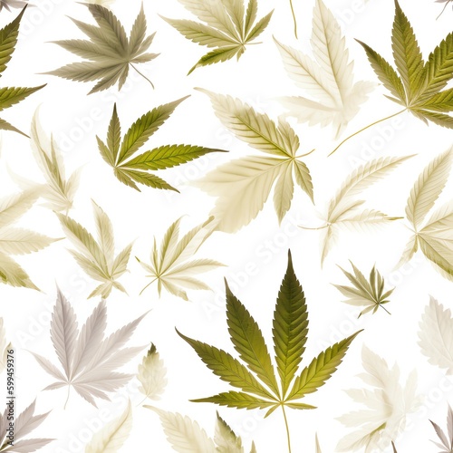 Seamless pattern of green cannabis leaves on the white background created with Generative AI technology