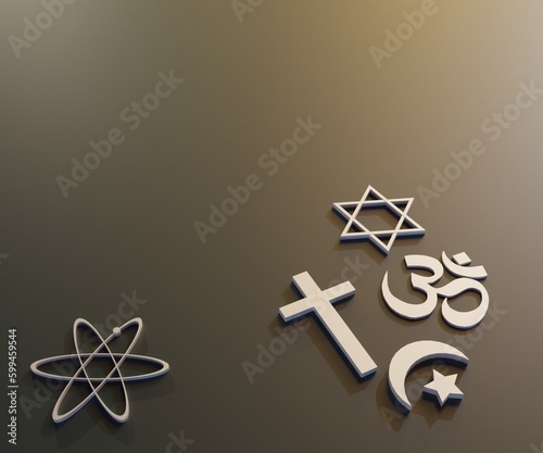 Isolated atheist and other religion's symbols 3d rendering photo