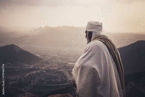 Back View of a Moslem Middle Aged Man Wearing Hajj Clothes on Peak of Hill Mountain photo
