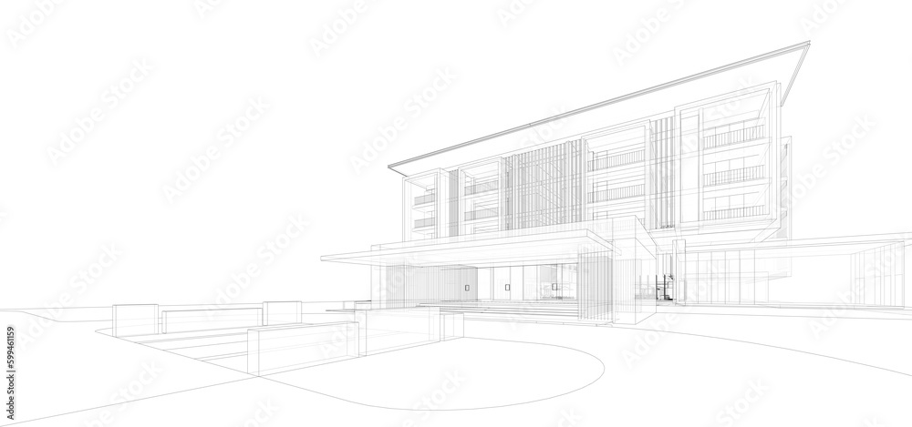 Architecture background. Perspective 3d Wireframe of building design and model my own