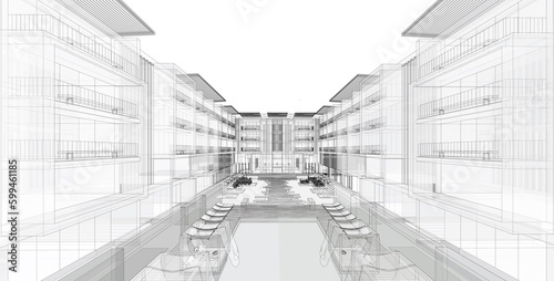 Fototapeta Naklejka Na Ścianę i Meble -  Architecture background. Perspective 3d Wireframe of building design and model my own