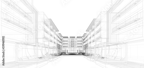 Architecture background. Perspective 3d Wireframe of building design and model my own