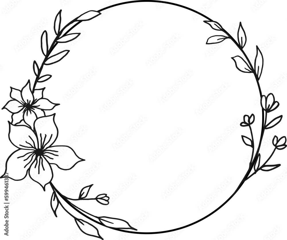 Circle Floral border with hand drawn flowers and leaves