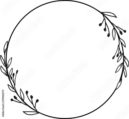 Circle Floral border with hand drawn flowers and leaves