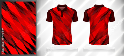 Vector sport pattern design template for Polo T-shirt front and back with short sleeve view mockup. Shades of red-black color gradient abstract geometric square texture background illustration.