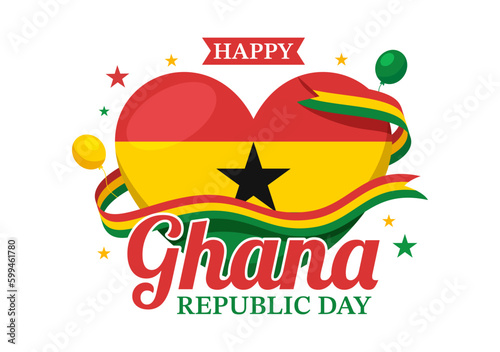 Happy Ghana Republic Day Vector Illustration with Waving Flag Background in Flat Cartoon Hand Drawn for Web Banner or Landing Page Templates
