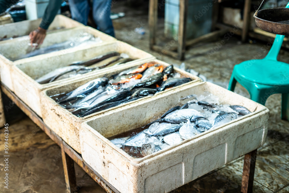 Fresh sea fish for sale in Indonesian traditional market. Ujung genteng beach, Sukabumi, Indonesia Fresh sea fish for sale in Indonesian traditional market. Ujung genteng beach, Sukabumi, Indonesia