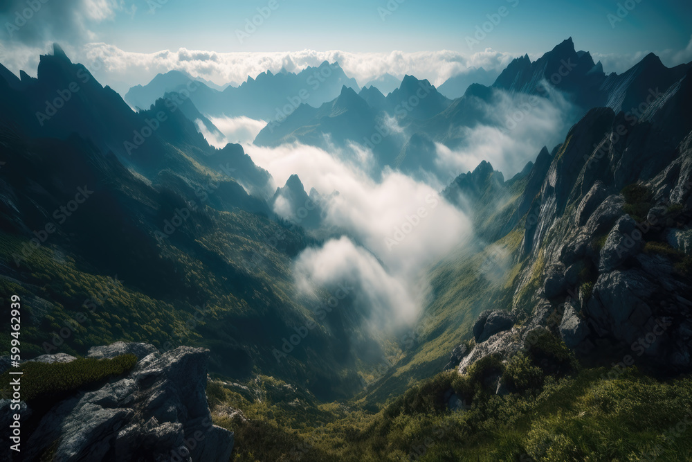 Mountains in clouds at sunrise in summer. Aerial view of mountain peak with green trees in fog. Beautiful landscape with high rocks, forest, sky. Mountains in clouds at sunrise in summer. Aerial view of mountain peak with green trees in fog. Beautiful landscape with high rocks, forest, sky.
