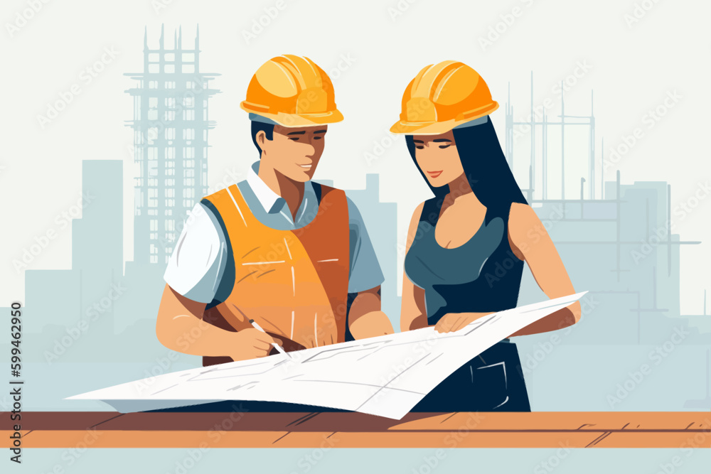 Architect and engineer working on construction site. Engineering, building, engineering, architecture, teamwork concept. Vector illustration in cartoon style
