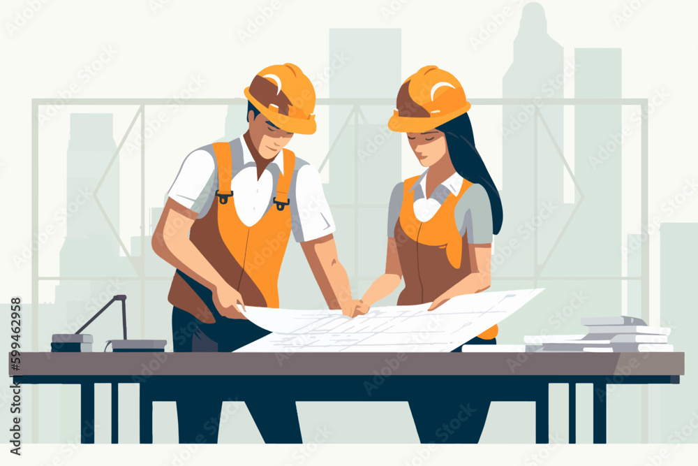 Architect and engineer working on construction site. Engineering, building, engineering, architecture, teamwork concept. Vector illustration in cartoon style Architect and engineer working on construction site. Engineering, building, engineering, architecture, teamwork concept. Vector illustration in cartoon style