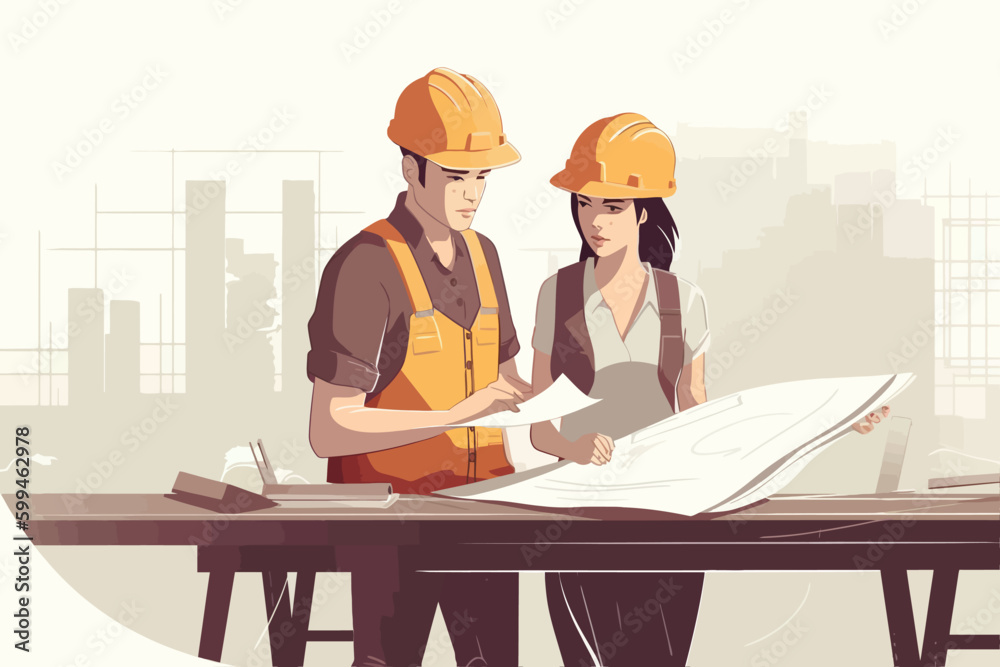 Architect and engineer working on construction site. Engineering, building, engineering, architecture, teamwork concept. Vector illustration in cartoon style Architect and engineer working on construction site. Engineering, building, engineering, architecture, teamwork concept. Vector illustration in cartoon style