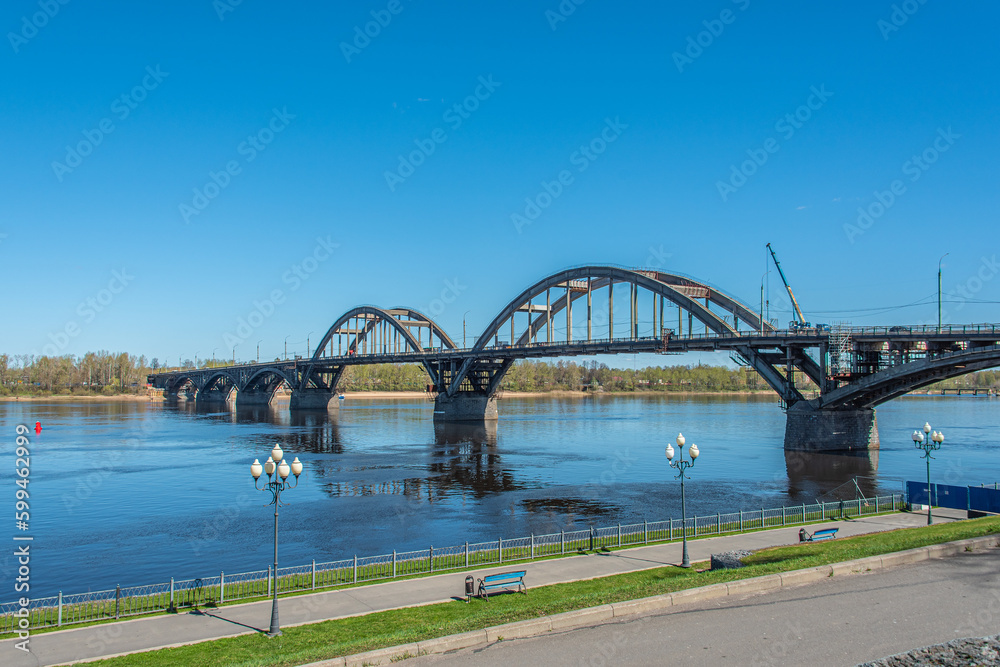 Bridge across the Volga river in town of Rybinsk, Russia.