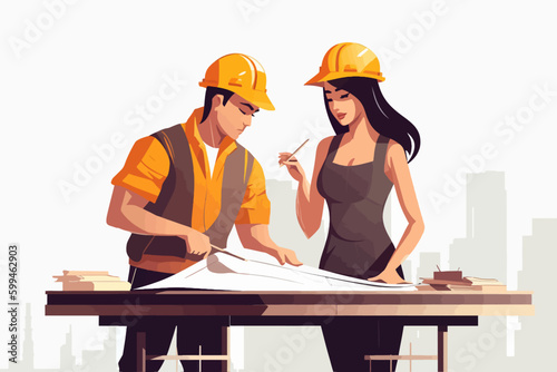 Architect and engineer working on construction site. Engineering, building, engineering, architecture, teamwork concept. Vector illustration in cartoon style