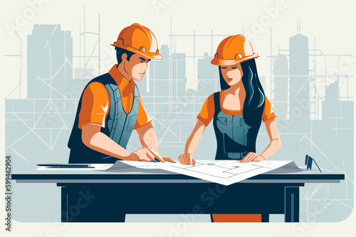 Architect and engineer working on construction site. Engineering, building, engineering, architecture, teamwork concept. Vector illustration in cartoon style