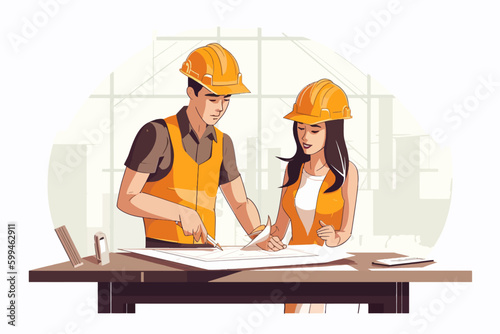 Architect and engineer working on construction site. Engineering, building, engineering, architecture, teamwork concept. Vector illustration in cartoon style