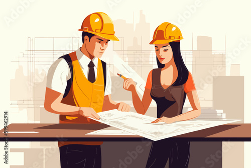 Architect and engineer working on construction site. Engineering, building, engineering, architecture, teamwork concept. Vector illustration in cartoon style