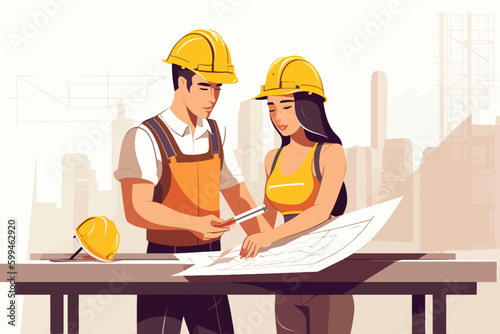 Architect and engineer working on construction site. Engineering, building, engineering, architecture, teamwork concept. Vector illustration in cartoon style