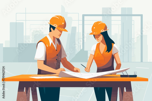 Architect and engineer working on construction site. Engineering, building, engineering, architecture, teamwork concept. Vector illustration in cartoon style