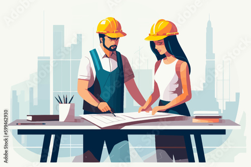Architect and engineer working on construction site. Engineering, building, engineering, architecture, teamwork concept. Vector illustration in cartoon style