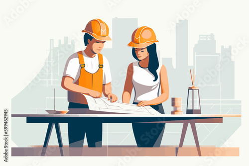 Architect and engineer working on construction site. Engineering, building, engineering, architecture, teamwork concept. Vector illustration in cartoon style