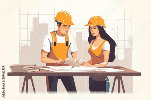 Architect and engineer working on construction site. Engineering, building, engineering, architecture, teamwork concept. Vector illustration in cartoon style