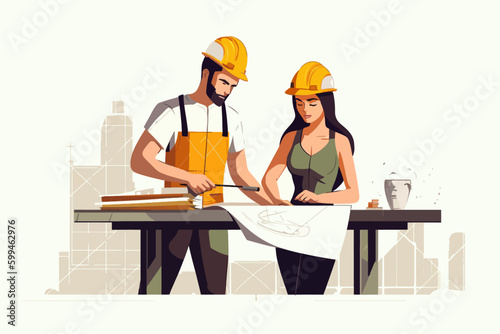 Architect and engineer working on construction site. Engineering, building, engineering, architecture, teamwork concept. Vector illustration in cartoon style