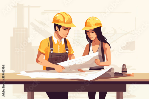 Architect and engineer working on construction site. Engineering, building, engineering, architecture, teamwork concept. Vector illustration in cartoon style