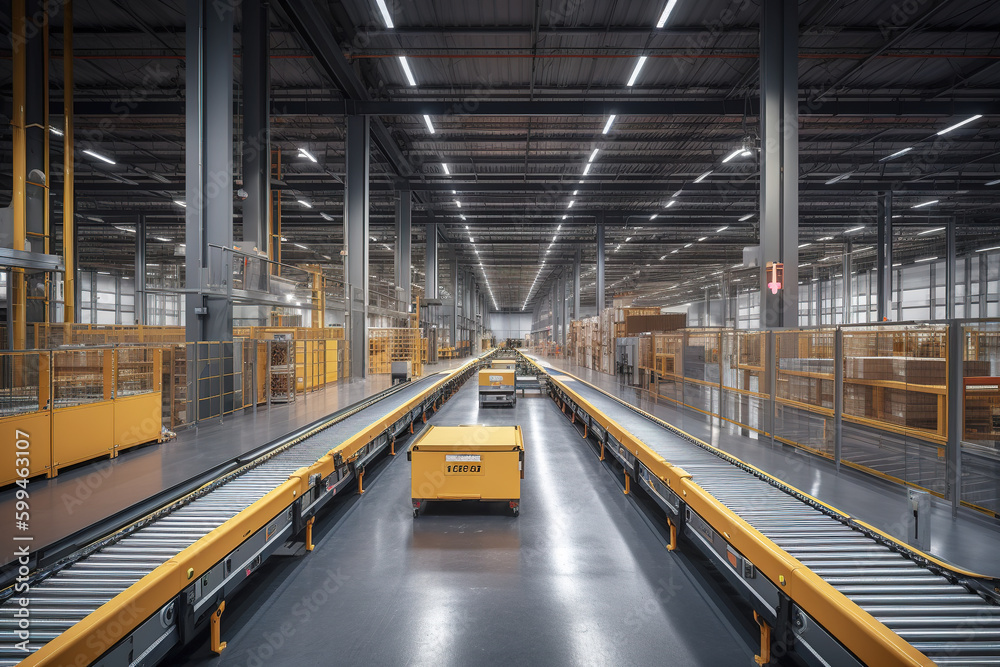 Rows of shelves with goods boxes in modern industry warehouse store at factory warehouse storage Rows of shelves with goods boxes in modern industry warehouse store at factory warehouse storage
