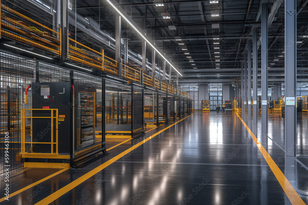 Rows of shelves with goods boxes in modern industry warehouse store at factory warehouse storage