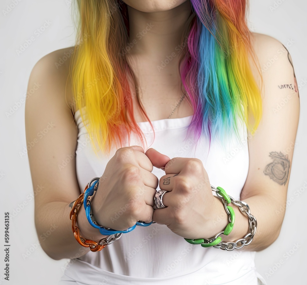 Young woman with colorful hair and handcuffs on white background. LGBT concept
