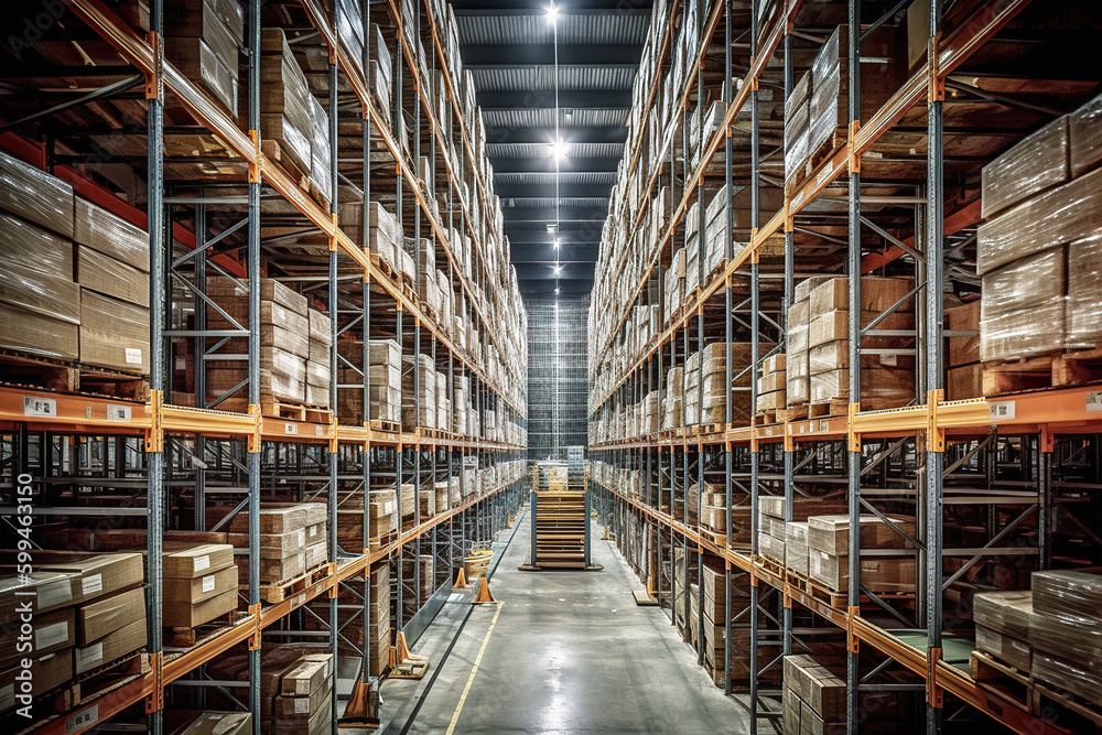 Rows of shelves with goods boxes in modern industry warehouse store at factory warehouse storage