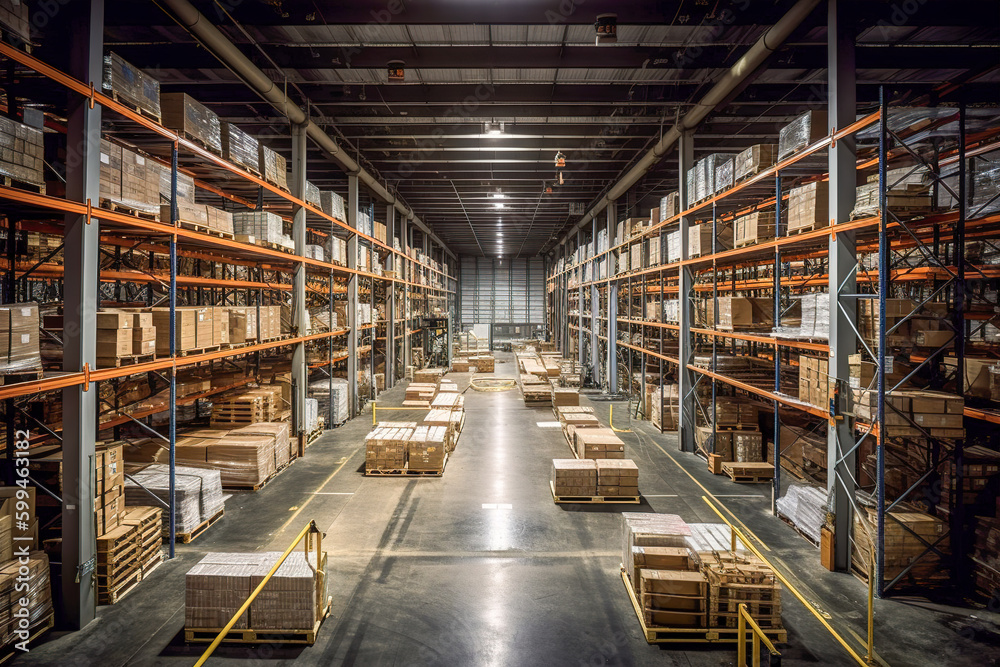 Rows of shelves with goods boxes in modern industry warehouse store at factory warehouse storage Rows of shelves with goods boxes in modern industry warehouse store at factory warehouse storage