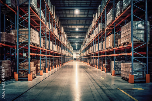 Rows of shelves with goods boxes in modern industry warehouse store at factory warehouse storage