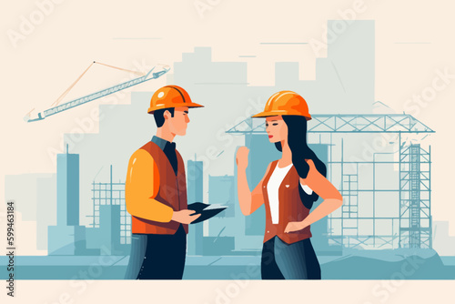 Architect and engineer working on construction site. Engineering, building, engineering, architecture, teamwork concept. Vector illustration in cartoon style