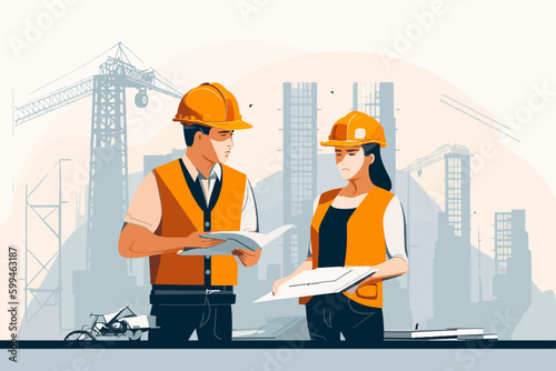 Architect and engineer working on construction site. Engineering, building, engineering, architecture, teamwork concept. Vector illustration in cartoon style