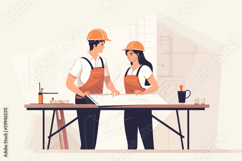 Architect and engineer working on construction site. Engineering, building, engineering, architecture, teamwork concept. Vector illustration in cartoon style