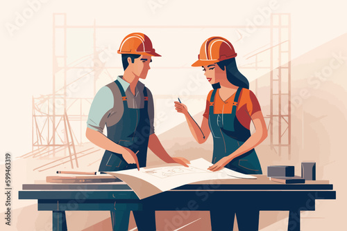 Architect and engineer working on construction site. Engineering, building, engineering, architecture, teamwork concept. Vector illustration in cartoon style