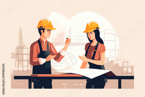 Architect and engineer working on construction site. Engineering, building, engineering, architecture, teamwork concept. Vector illustration in cartoon style