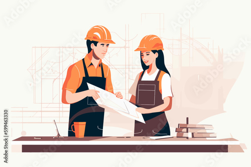 Architect and engineer working on construction site. Engineering, building, engineering, architecture, teamwork concept. Vector illustration in cartoon style